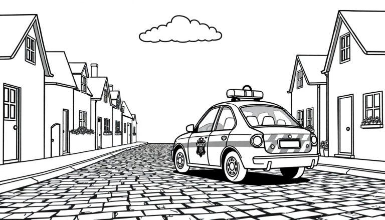 Schwarz-weiße Farbtafel-Illustration einer Kleinstadtstraße mit einem Polizeiauto und niedlichen Häusern, bereit zum Ausmalen.