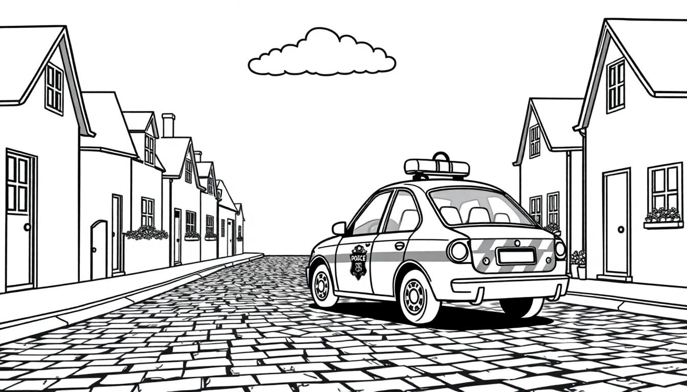 Schwarz-weiße Farbtafel-Illustration einer Kleinstadtstraße mit einem Polizeiauto und niedlichen Häusern, bereit zum Ausmalen.