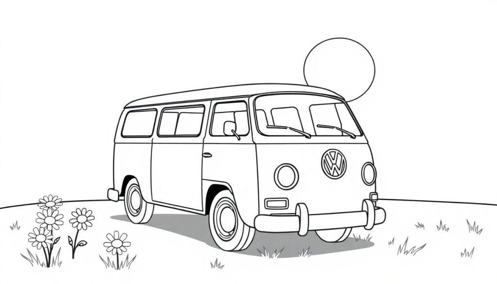 Schwarz-weiße Farbtafel eines fröhlichen VW Busses auf einer Wiese mit Gänseblümchen, unter einem freundlichen Himmel mit einer Sonne oder einem Mond.