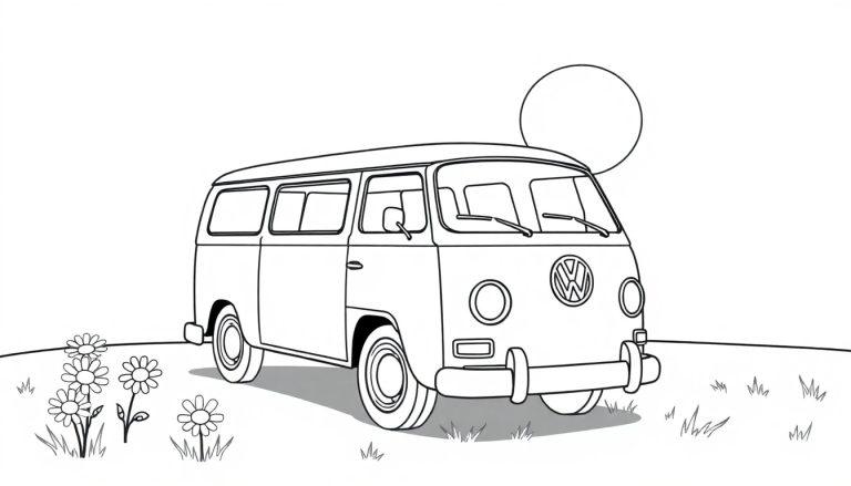 Schwarz-weiße Farbtafel eines fröhlichen VW Busses auf einer Wiese mit Gänseblümchen, unter einem freundlichen Himmel mit einer Sonne oder einem Mond.