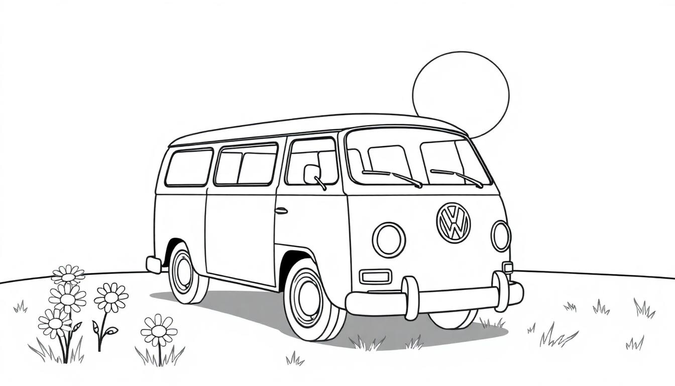 Schwarz-weiße Farbtafel eines fröhlichen VW Busses auf einer Wiese mit Gänseblümchen, unter einem freundlichen Himmel mit einer Sonne oder einem Mond.