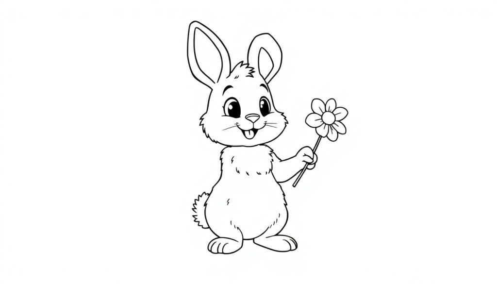 Schwarz-weiß Malvorlage eines niedlichen Cartoon-Hasen, der eine Blume zum Valentinstag hält. Farbtafel.