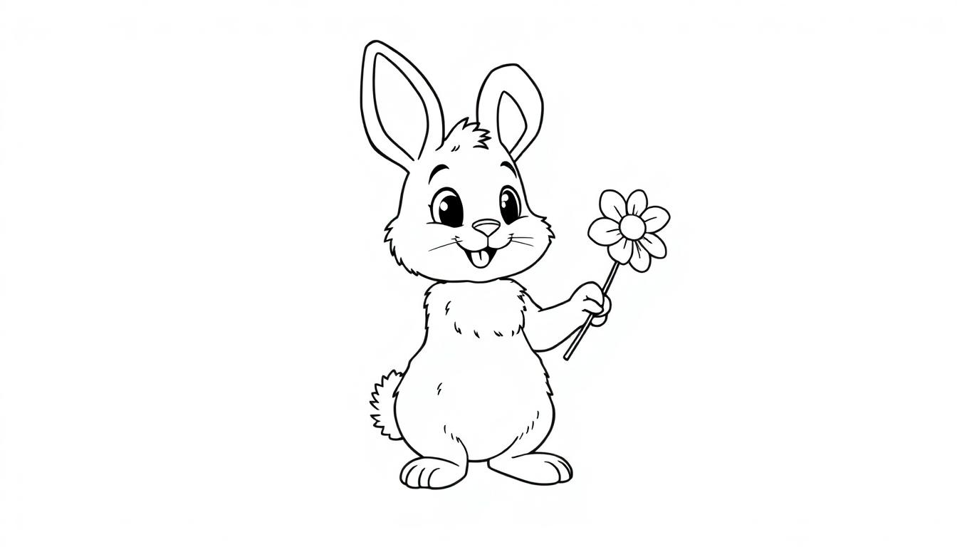 Schwarz-weiß Malvorlage eines niedlichen Cartoon-Hasen, der eine Blume zum Valentinstag hält. Farbtafel.