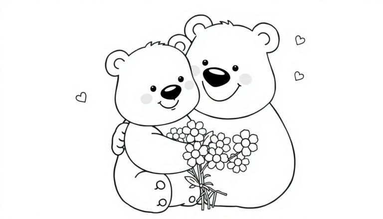Schwarz-Weiß-Farbtafel-Malvorlage: Ein kleiner Teddybär umarmt einen größeren Teddybären und hält ihm zum Vatertag einen Blumenstrauß, mit Herzen drumherum.