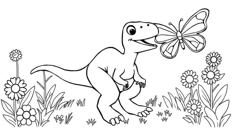 Ein niedlicher Velociraptor als Farbtafel jagt einen Schmetterling im Garten.