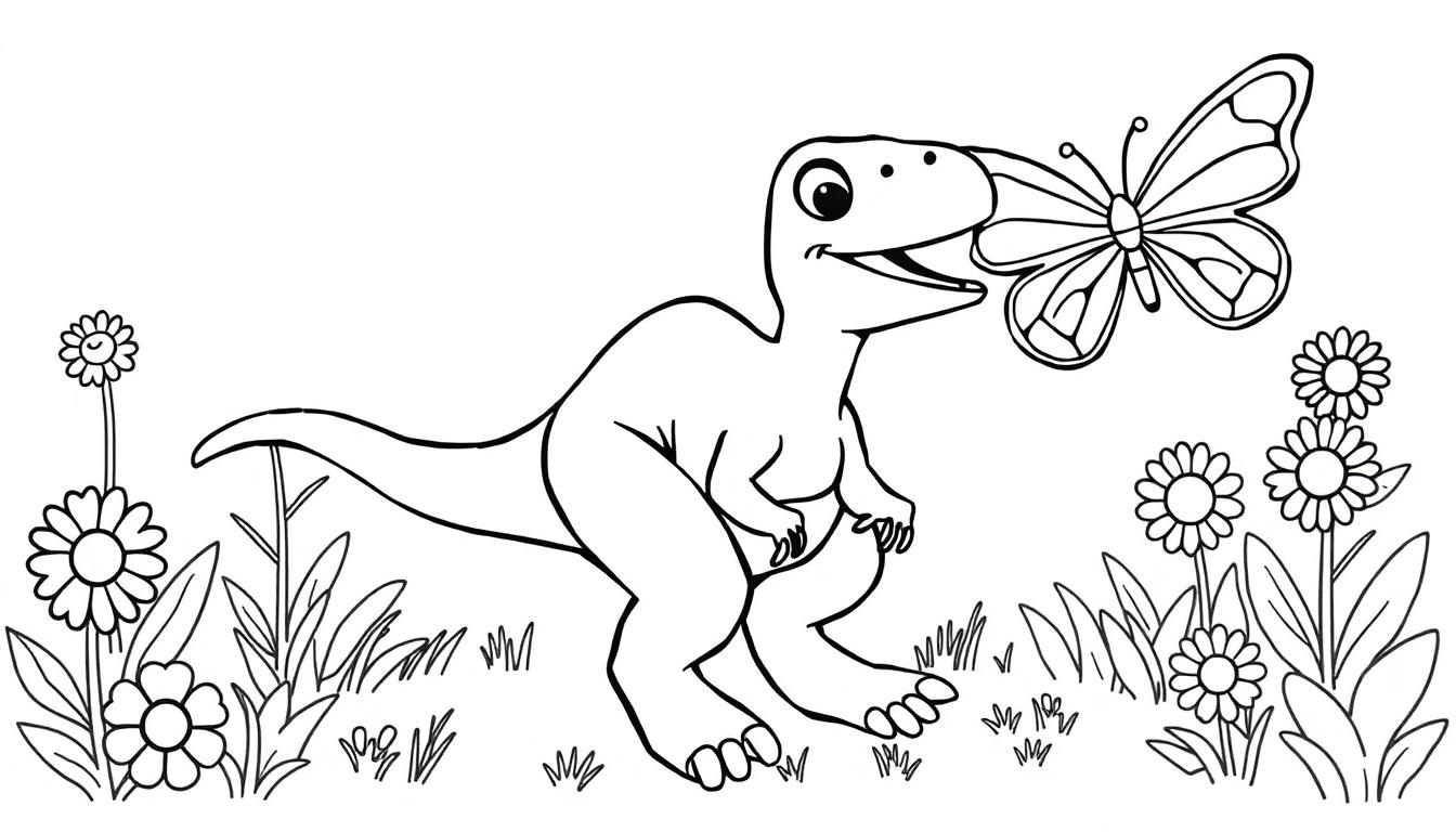 Ein niedlicher Velociraptor als Farbtafel jagt einen Schmetterling im Garten.