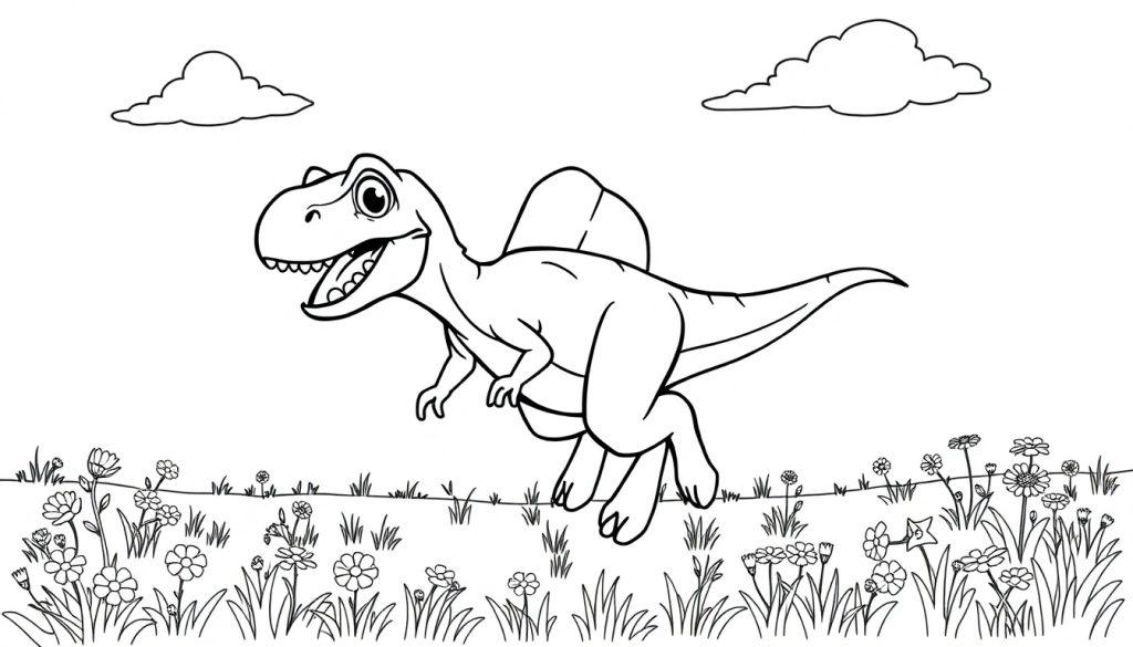 Schwarz-weiße Farbtafel eines cartoonartigen Dinosauriers mit einem Segel auf dem Rücken, der über eine Blumenwiese rennt.