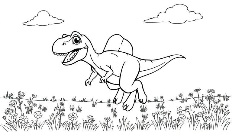 Schwarz-weiße Farbtafel eines cartoonartigen Dinosauriers mit einem Segel auf dem Rücken, der über eine Blumenwiese rennt.