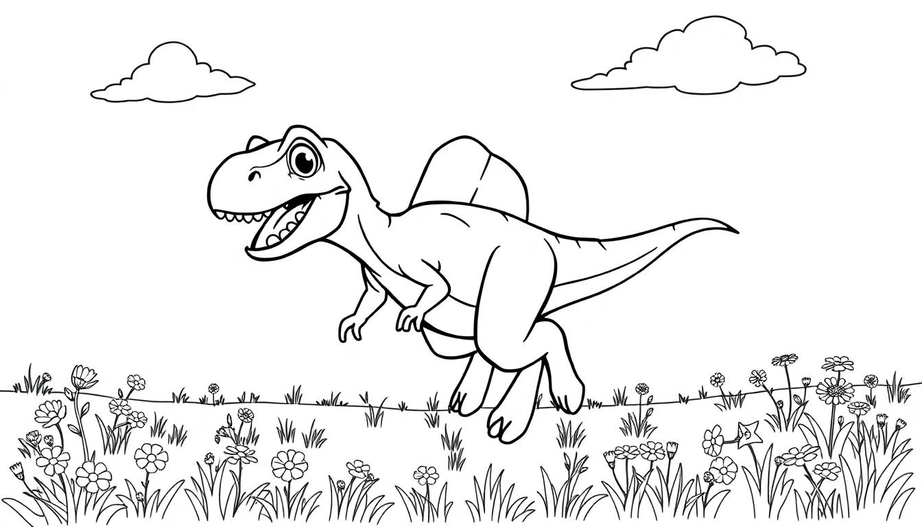 Schwarz-weiße Farbtafel eines cartoonartigen Dinosauriers mit einem Segel auf dem Rücken, der über eine Blumenwiese rennt.
