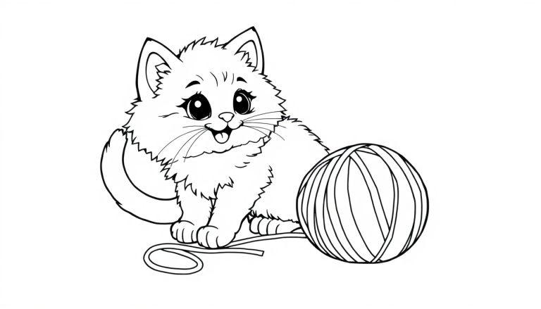 Eine niedliche Cartoon-Katze, die mit einem Garnknäuel spielt, als Farbtafel zum Ausmalen.