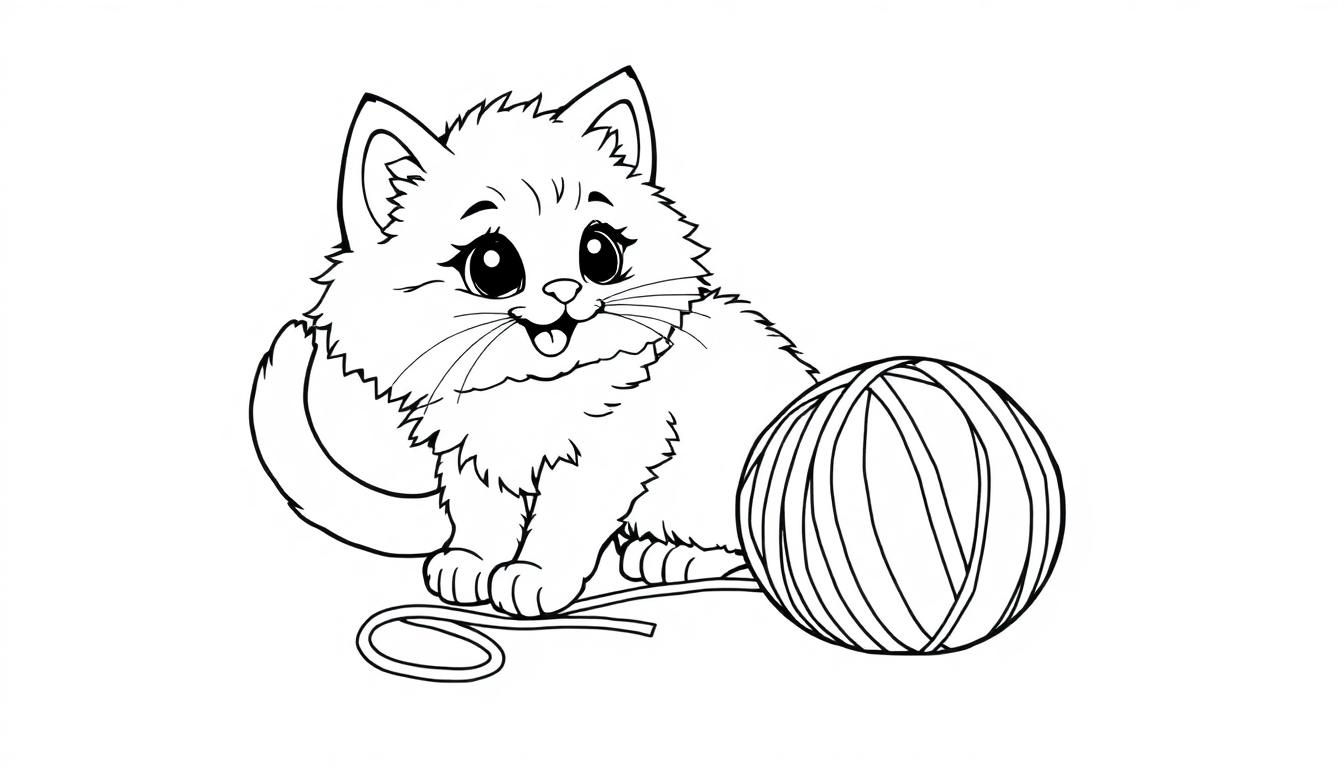 Eine niedliche Cartoon-Katze, die mit einem Garnknäuel spielt, als Farbtafel zum Ausmalen.