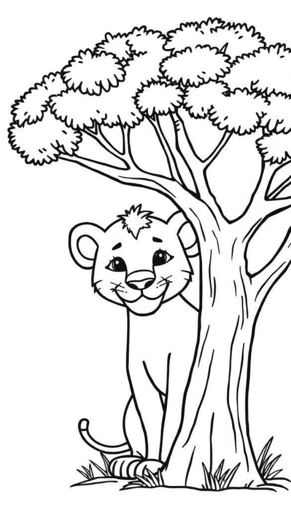 Cartoon-Kätzchen versteckt sich hinter einem Baum.