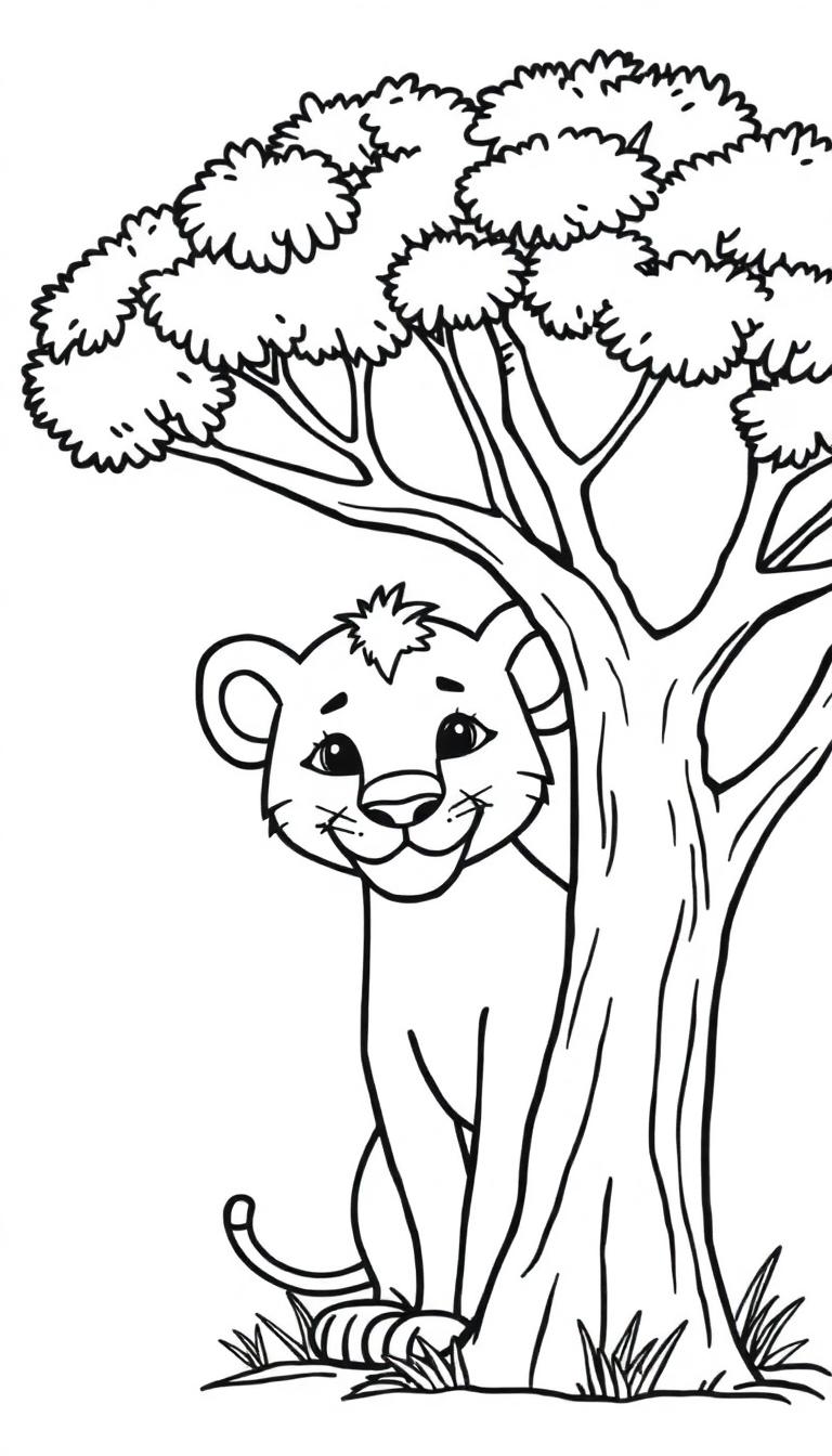 Cartoon-Kätzchen versteckt sich hinter einem Baum.