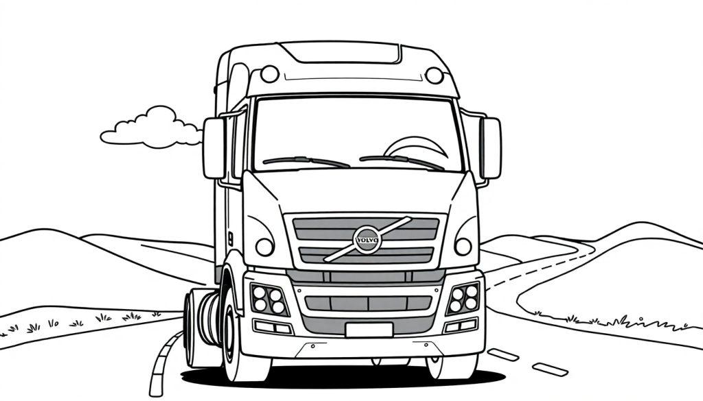 Schwarz-weiße Farbtafel eines freundlichen Volvo Lkw auf einer Straße.