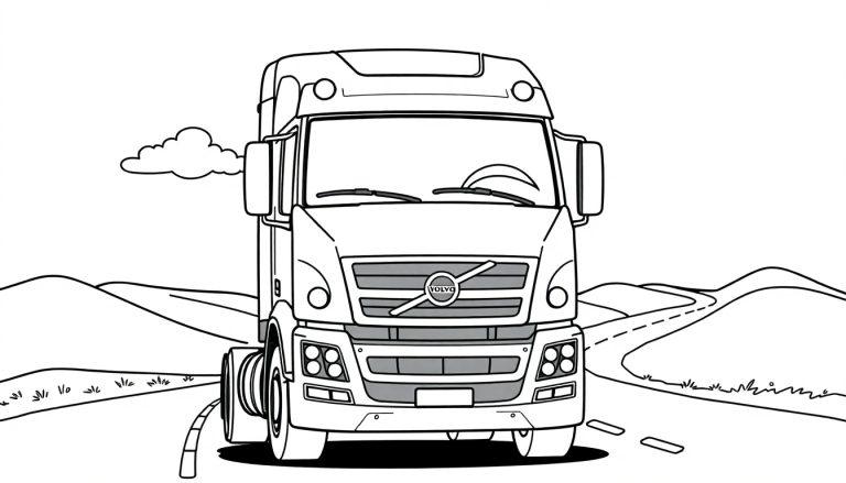 Schwarz-weiße Farbtafel eines freundlichen Volvo Lkw auf einer Straße.