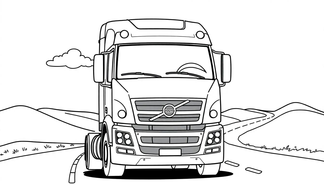 Schwarz-weiße Farbtafel eines freundlichen Volvo Lkw auf einer Straße.