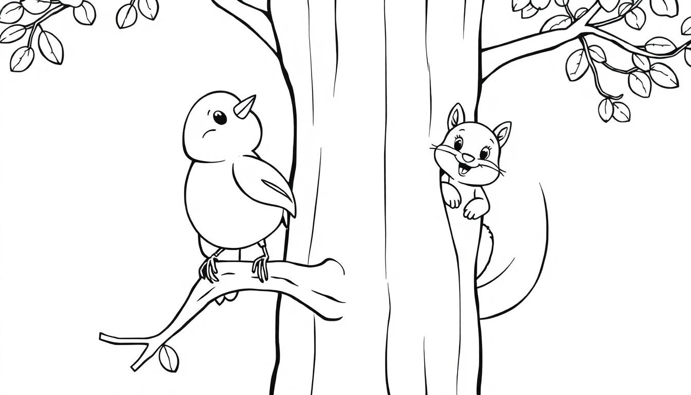 Ein Vogel sitzt auf einem Ast neben einem Baumstamm, ein Eichhörnchen klettert auf der anderen Seite.