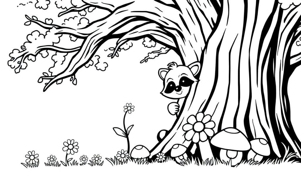 Schwarz-Weiß-Farbtafel: Ein niedlicher Waschbär versteckt sich hinter einem knorrigen Baum im Wald, umgeben von Pilzen und Gänseblümchen.