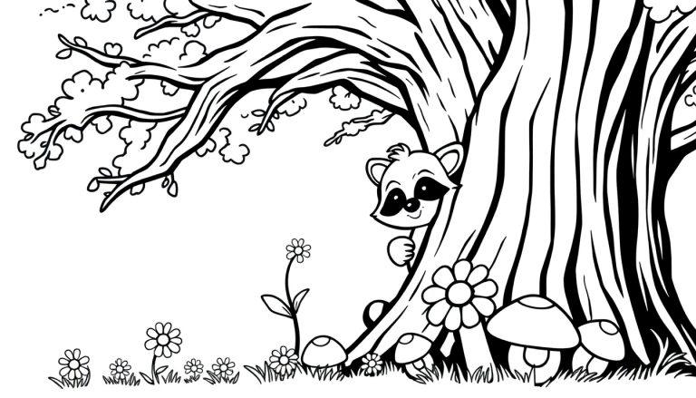 Schwarz-Weiß-Farbtafel: Ein niedlicher Waschbär versteckt sich hinter einem knorrigen Baum im Wald, umgeben von Pilzen und Gänseblümchen.