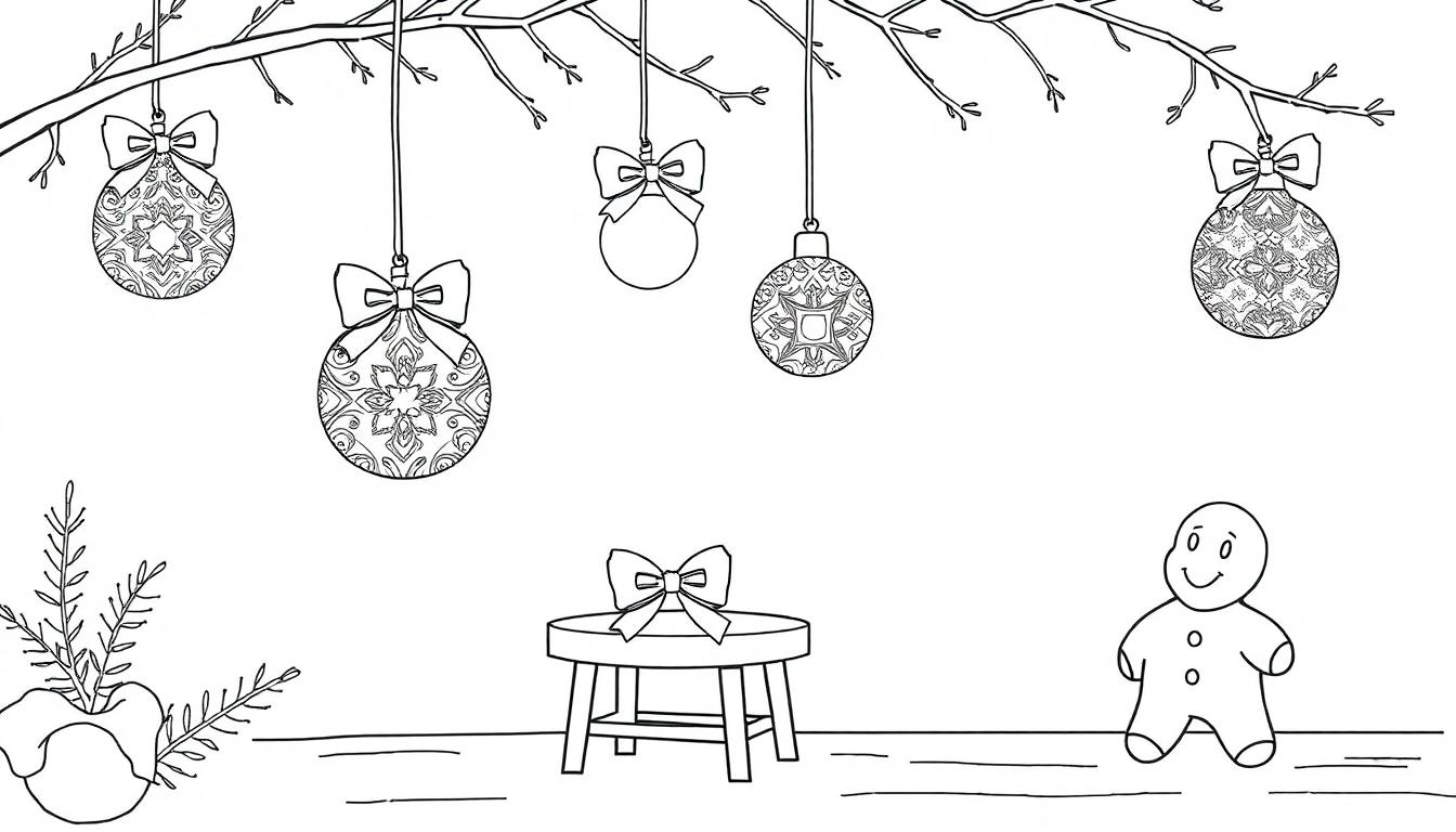 Schwarz-weiß Farbtafel einer Weihnachtsszene zum Ausmalen mit Christbaumkugeln, Tannenzweigen, einem Tisch und einem Lebkuchenmann.