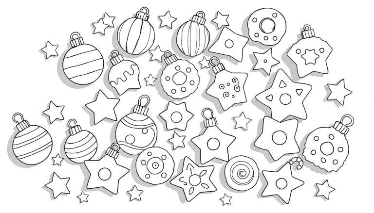 Eine Schwarzweiß-Farbtafel mit Weihnachtskugeln und Sternen, bereit zum Ausmalen.
