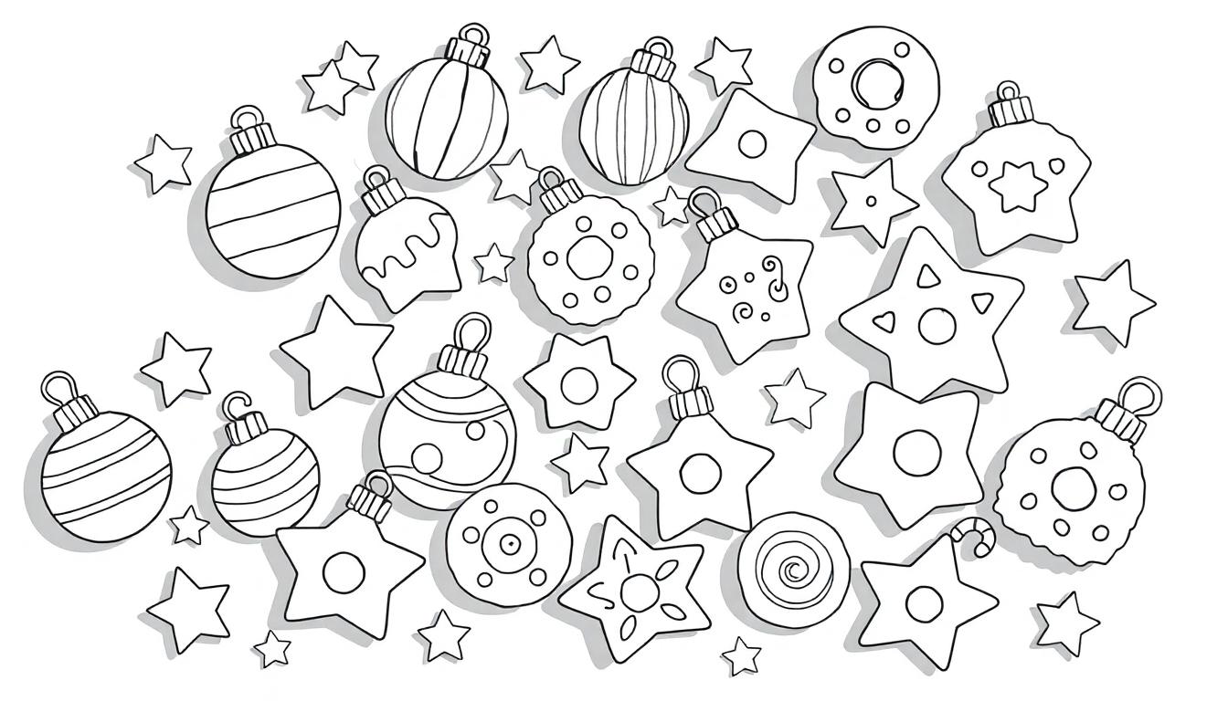 Eine Schwarzweiß-Farbtafel mit Weihnachtskugeln und Sternen, bereit zum Ausmalen.
