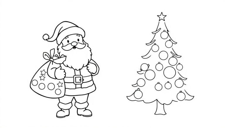 Schwarz-weiße Farbtafel mit Weihnachtsmann und Weihnachtsbaum
