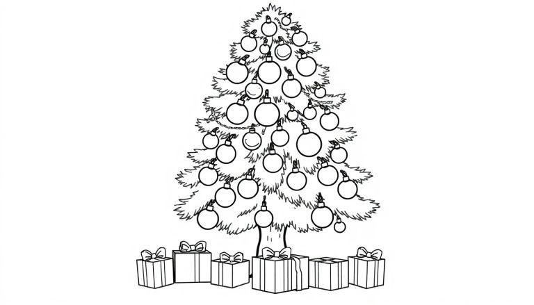 Eine Farbtafel-Umrisszeichnung eines Weihnachtsbaums mit Kugeln und Geschenken.