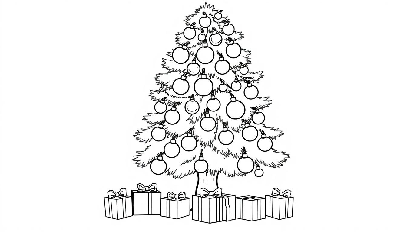 Eine Farbtafel-Umrisszeichnung eines Weihnachtsbaums mit Kugeln und Geschenken.