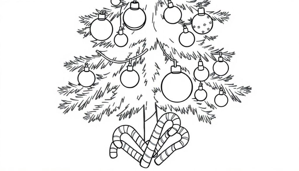 Eine Schwarz-Weiß-Farbtafel eines Weihnachtsbaums mit Kugeln und Zuckerstangen.
