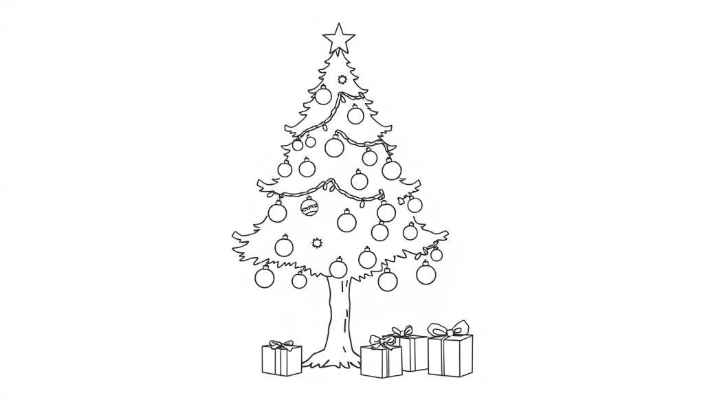 Eine schwarz-weiße Linienzeichnung eines skizzenhaften Weihnachtsbaums mit Geschenken, bereit zum Ausmalen, als Farbtafel.