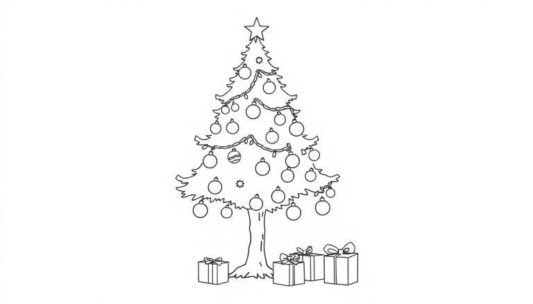 Eine schwarz-weiße Linienzeichnung eines skizzenhaften Weihnachtsbaums mit Geschenken, bereit zum Ausmalen, als Farbtafel.