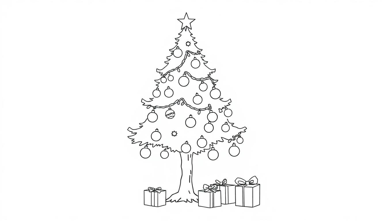 Eine schwarz-weiße Linienzeichnung eines skizzenhaften Weihnachtsbaums mit Geschenken, bereit zum Ausmalen, als Farbtafel.