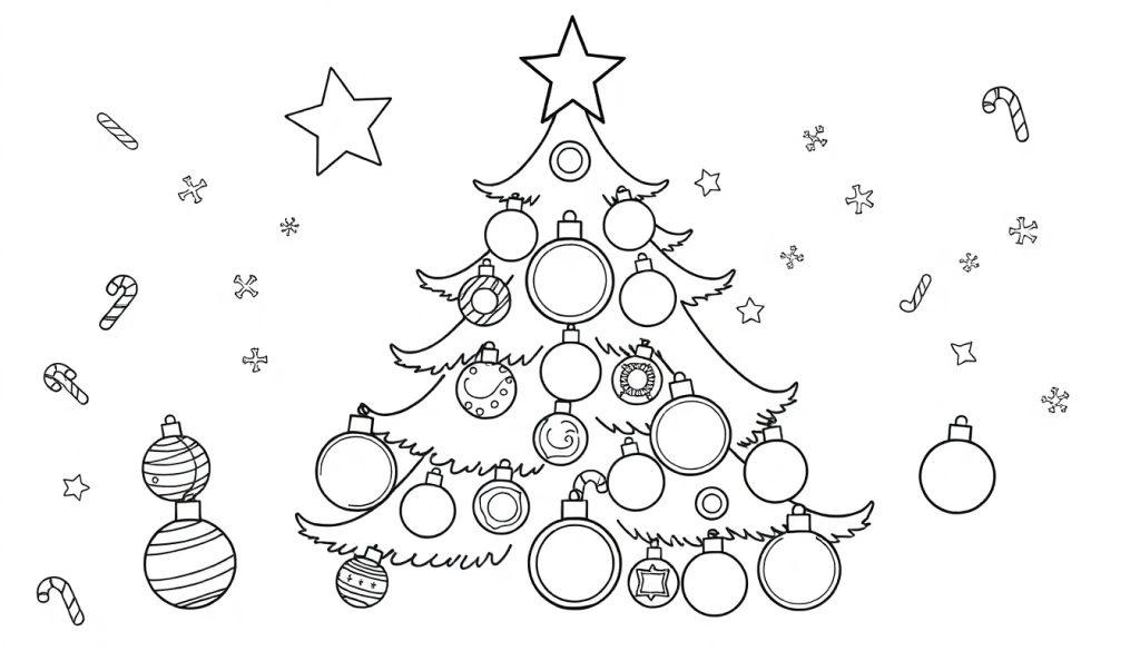 Schwarz-weiße Farbtafel einer Weihnachtsszene mit Weihnachtsbaum, Kugeln und Sternen.