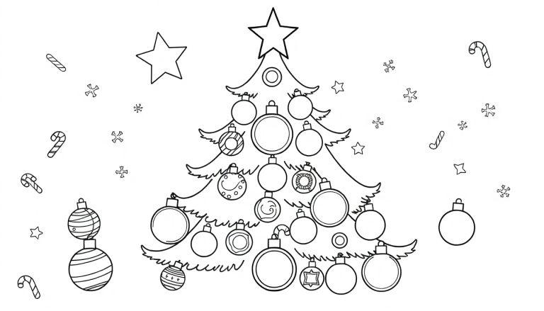 Schwarz-weiße Farbtafel einer Weihnachtsszene mit Weihnachtsbaum, Kugeln und Sternen.