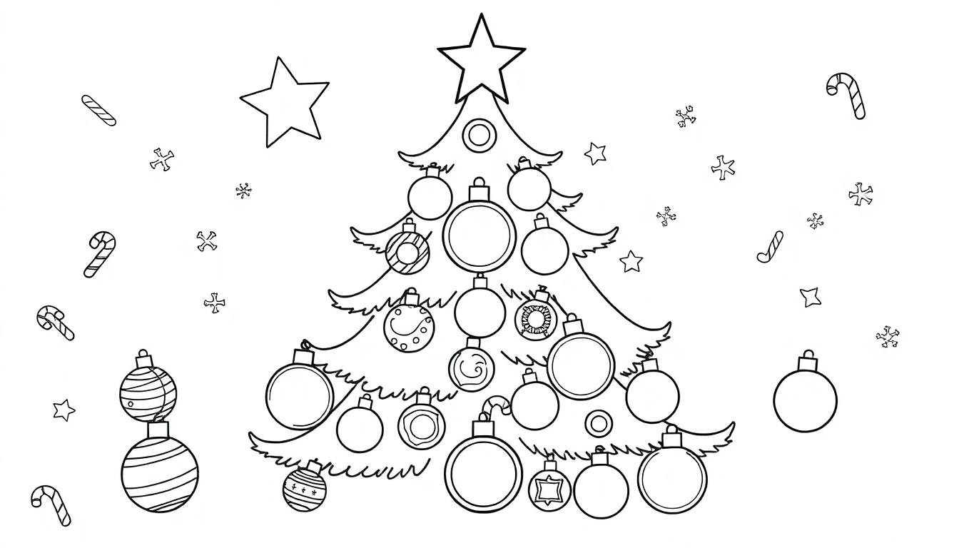 Schwarz-weiße Farbtafel einer Weihnachtsszene mit Weihnachtsbaum, Kugeln und Sternen.