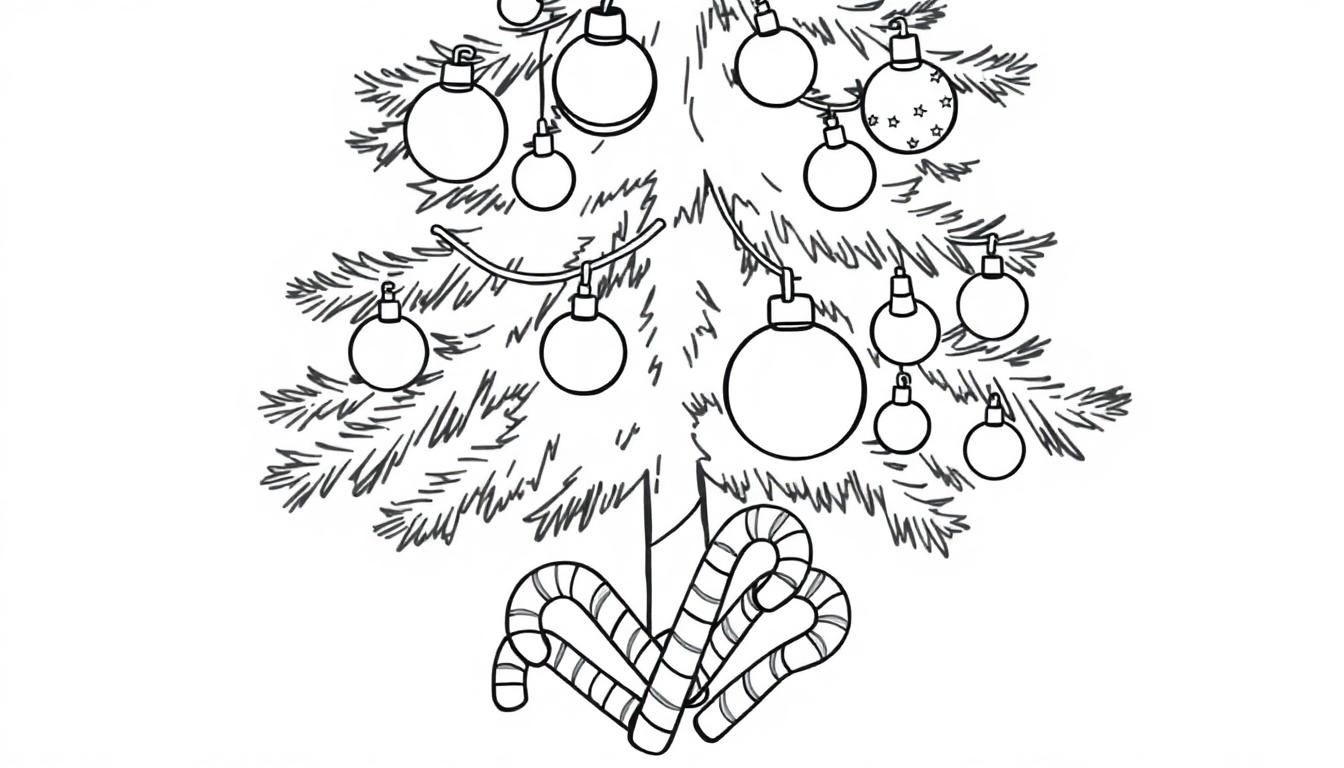 Eine Schwarz-Weiß-Farbtafel eines Weihnachtsbaums mit Kugeln und Zuckerstangen.