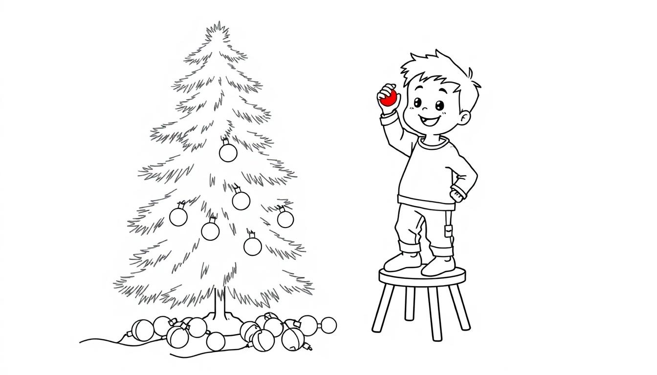 Ein kleiner Junge auf einem Hocker steht und schmückt einen Weihnachtsbaum mit bunten Kugeln, die auf dem Boden liegen. Schwarz-weiß zur Farbtafel.