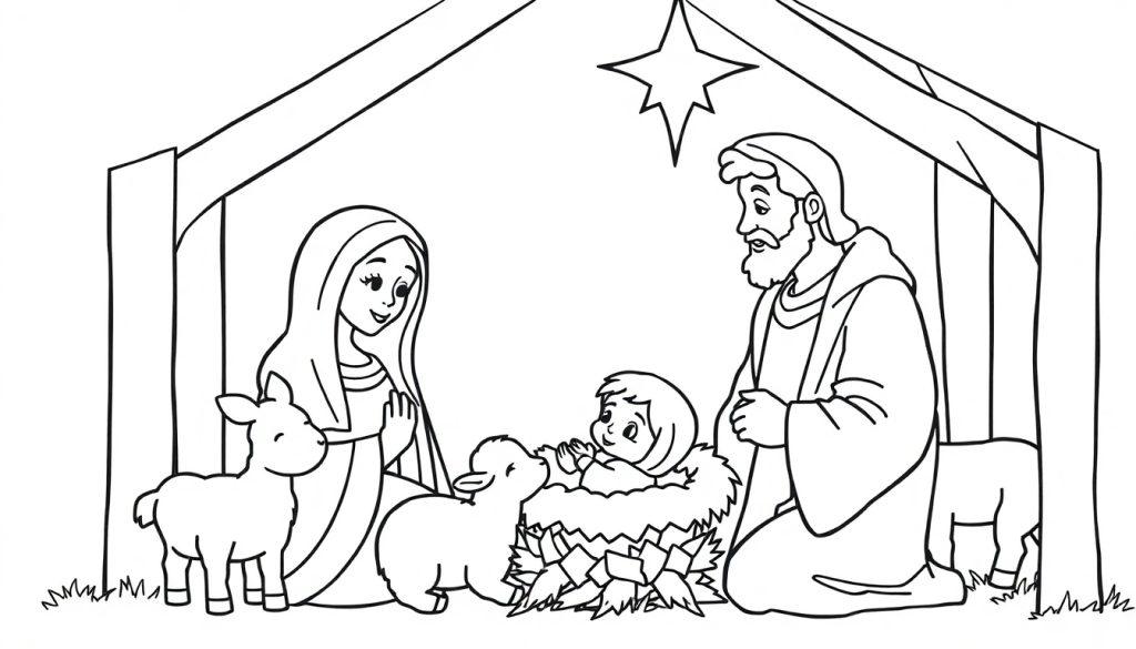 Schwarz-weiß Farbtafel-Ausmalbild einer Weihnachtskrippenszene mit Jesuskind, Maria, Josef und Lämmern unter einem Stern.