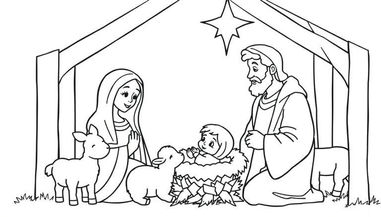 Schwarz-weiß Farbtafel-Ausmalbild einer Weihnachtskrippenszene mit Jesuskind, Maria, Josef und Lämmern unter einem Stern.