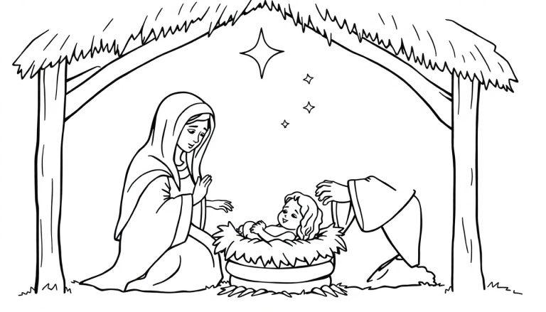 Schwarz-weiß-Farbtafel-Illustration einer Weihnachtskrippe mit Maria und Josef, die über dem Jesuskind wachen, mit Sternen über einem Stall.