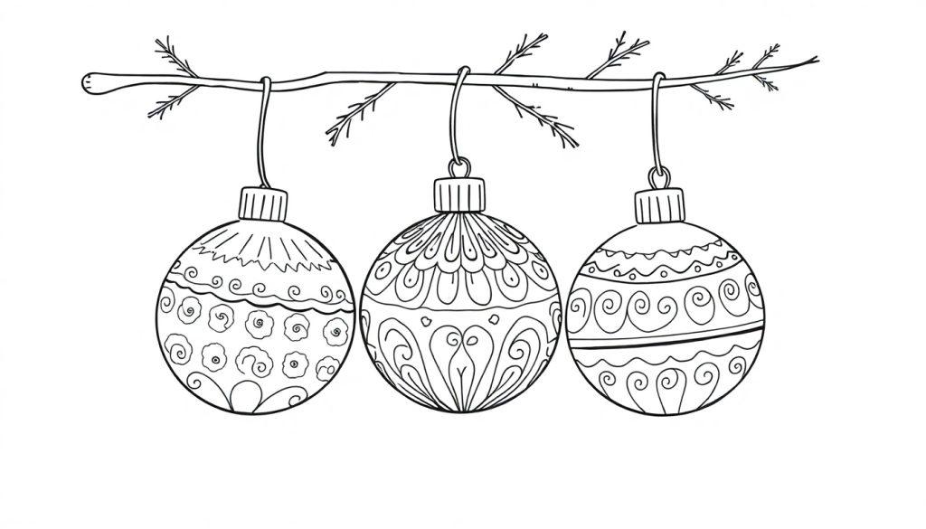 Schwarz-Weiß-Farbtafel von drei Weihnachtskugeln an einem Ast.