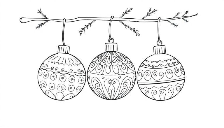 Schwarz-Weiß-Farbtafel von drei Weihnachtskugeln an einem Ast.