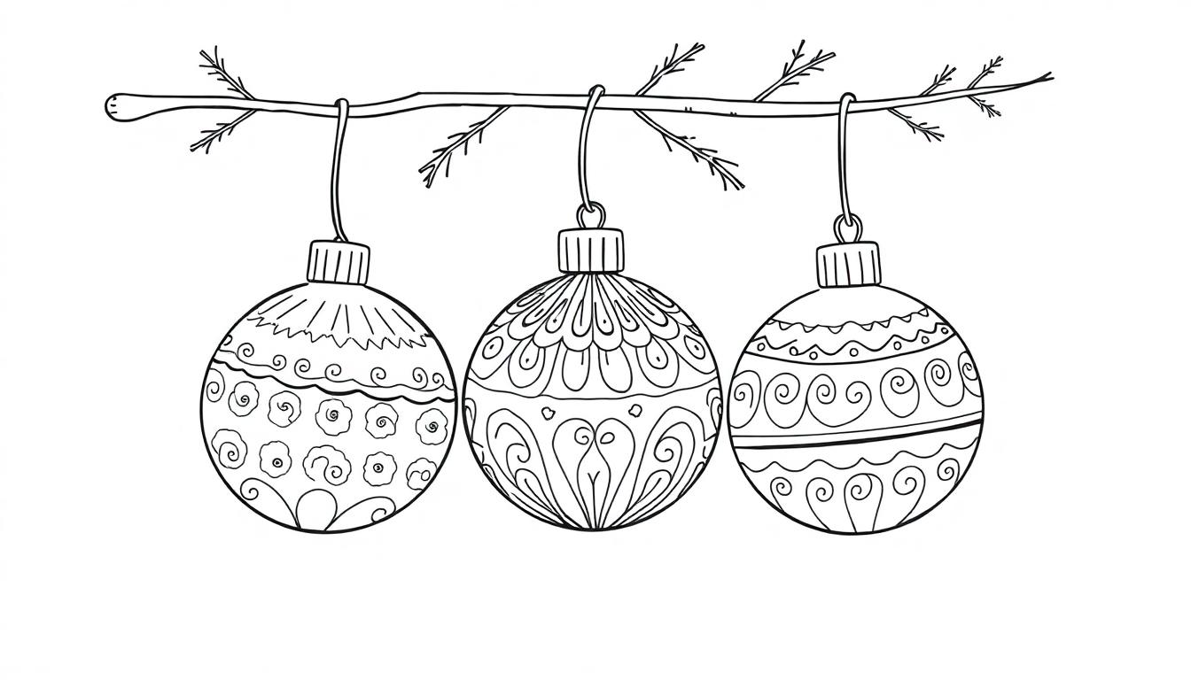 Schwarz-Weiß-Farbtafel von drei Weihnachtskugeln an einem Ast.