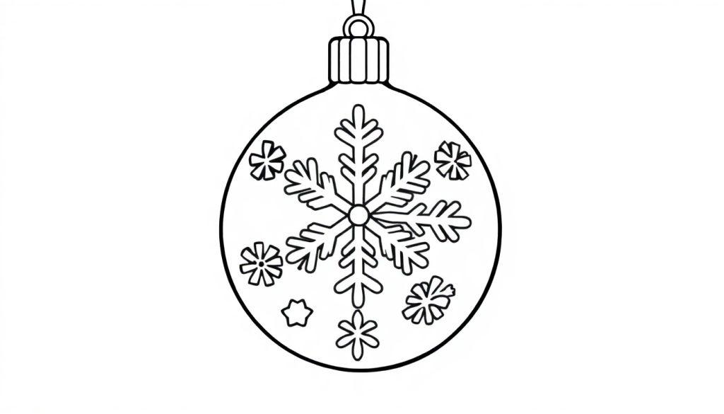 Farbtafel einer Weihnachtskugel mit Schneeflocke und Sternen zum Ausmalen.