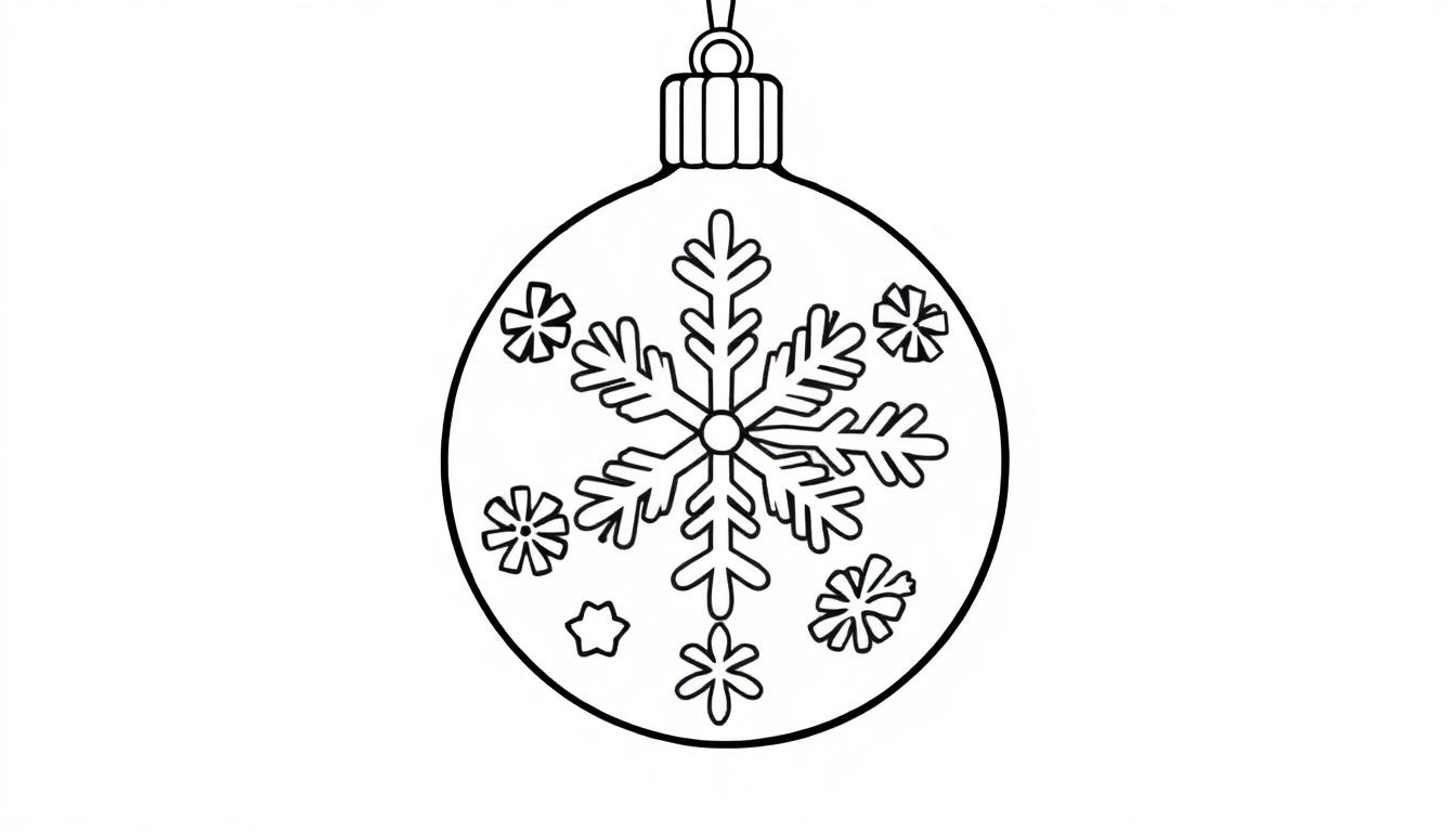 Farbtafel einer Weihnachtskugel mit Schneeflocke und Sternen zum Ausmalen.