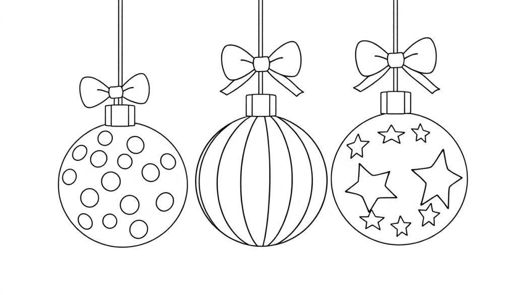 Farbtafel einer Schwarz-Weiß-Zeichnung von drei Weihnachtskugeln zum Ausmalen mit Punkten, Streifen und Sternen.