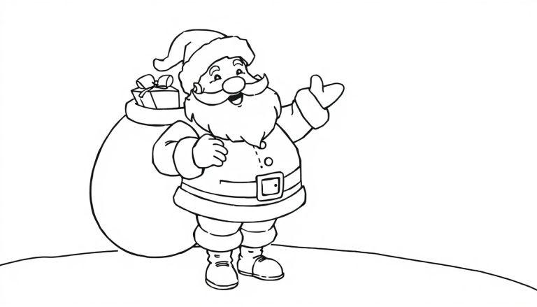 Eine schwarz-weiße Farbtafel von Santa Claus, der auf Schnee steht und mit seiner rechten Hand winkt.