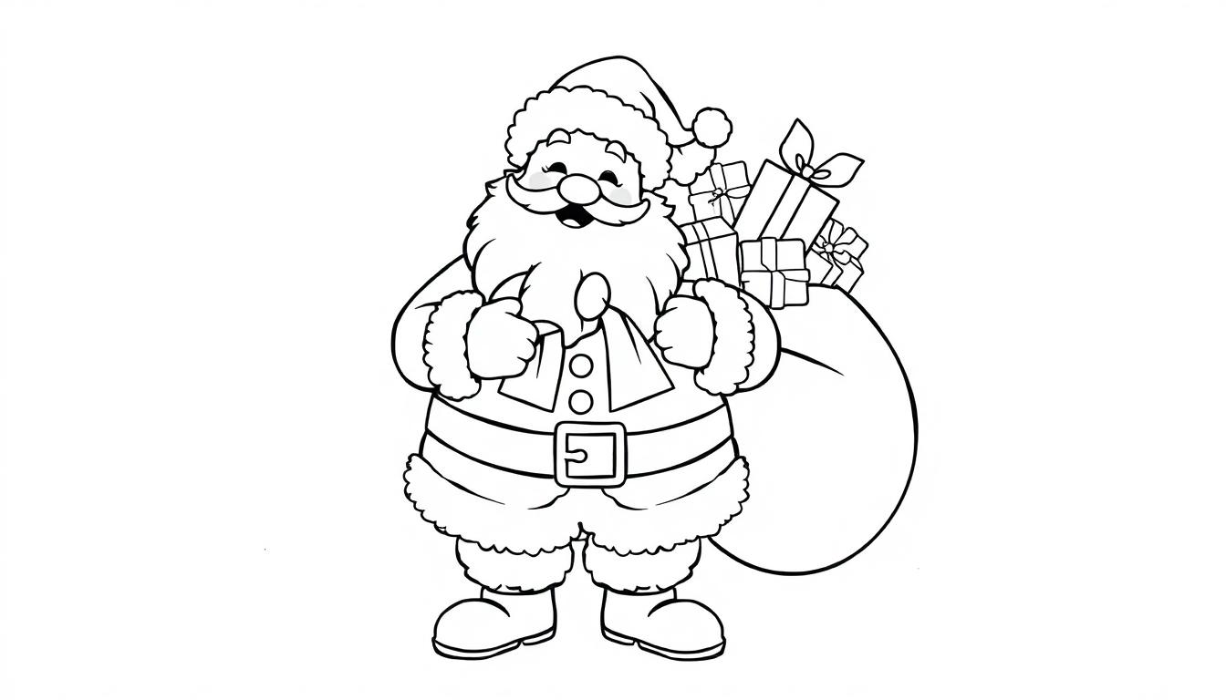 Schwarz-Weiß-Farbtafel von Weihnachtsmann mit Bart und Geschenkepackung