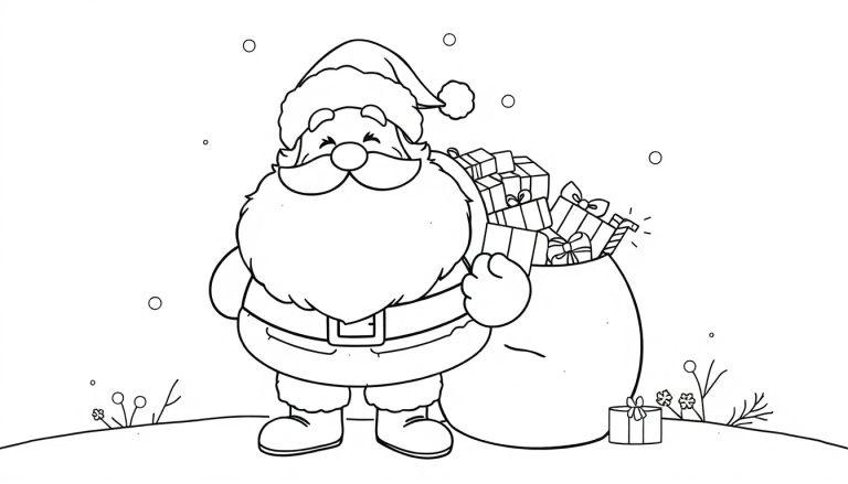 Eine Schwarz-Weiß-Farbtafel-Zeichnung von Weihnachtsmann mit einem Sack voller Geschenke auf einem schneebedeckten Hügel.